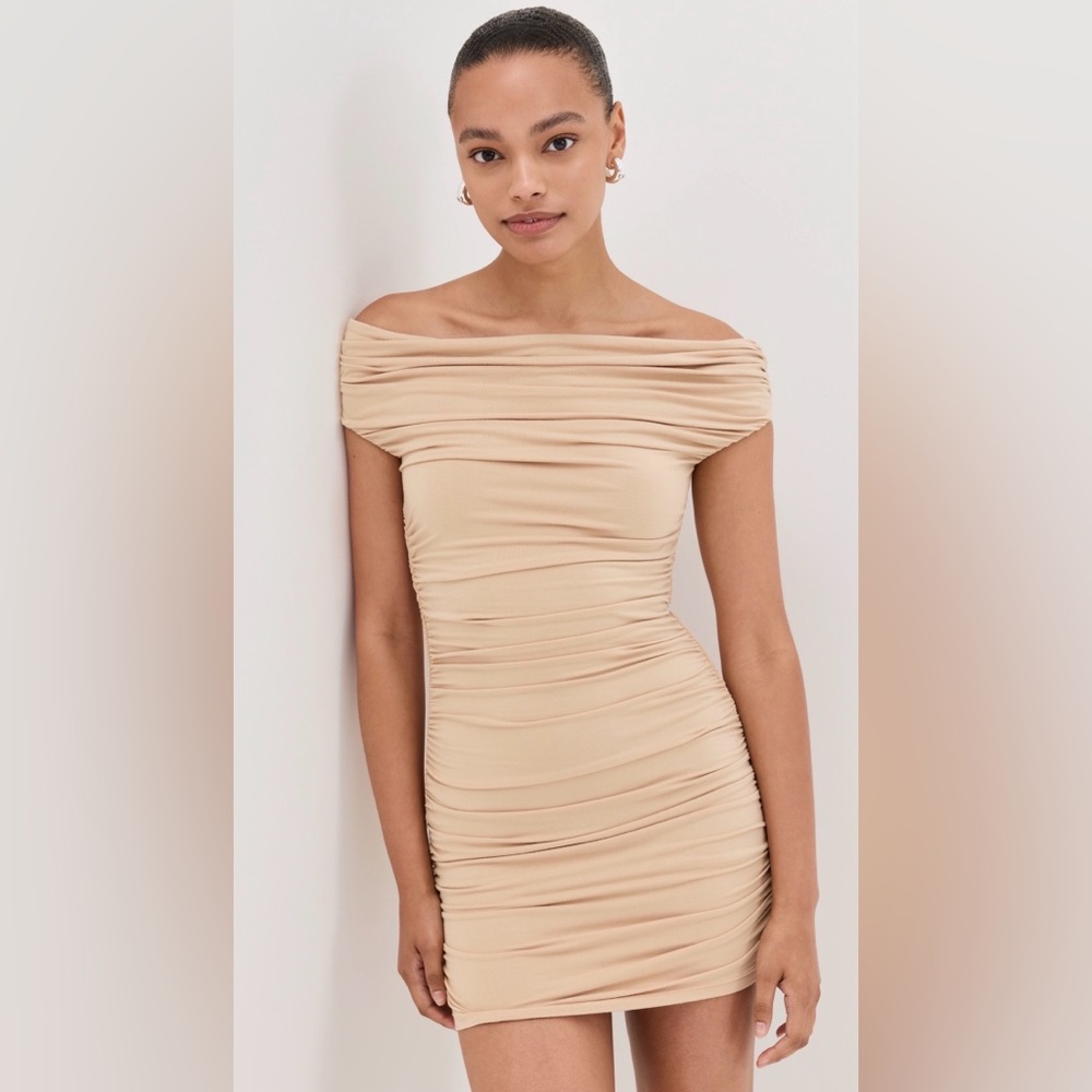 Lioness Off-Shoulder Beige Mini Dress